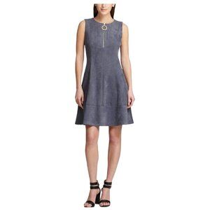 DKNY Womens Faux-Suede Zip-Front Scuba Dress Size 12 Grey Sleeveless A-Line